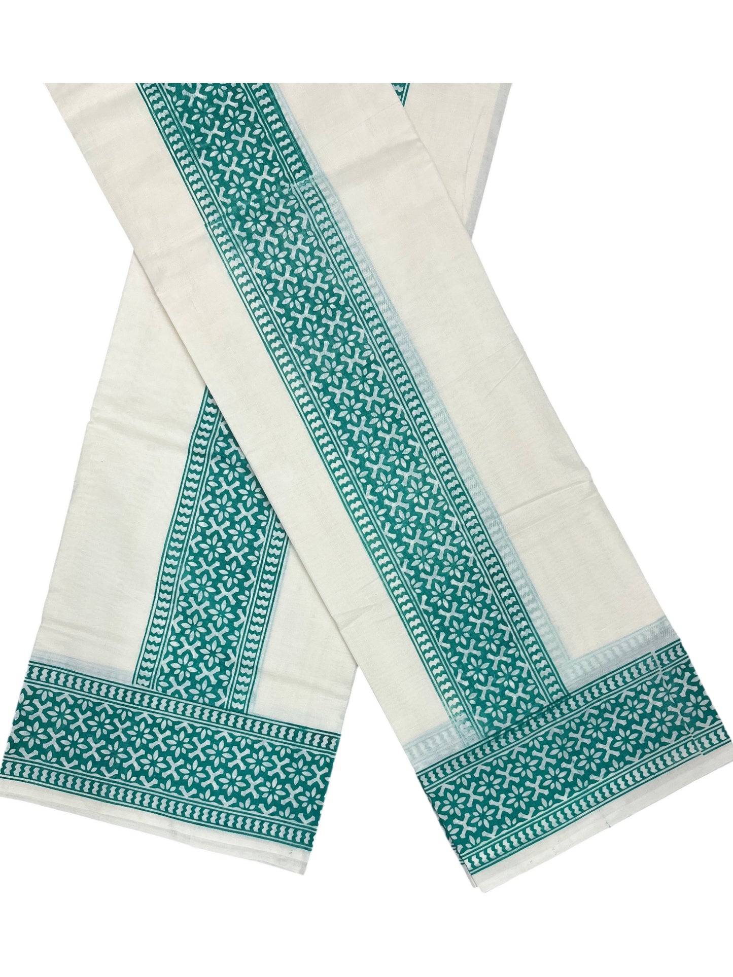 Southloom Green Block Printed Set Mundu with Blouse Piece 2.80Mtrs