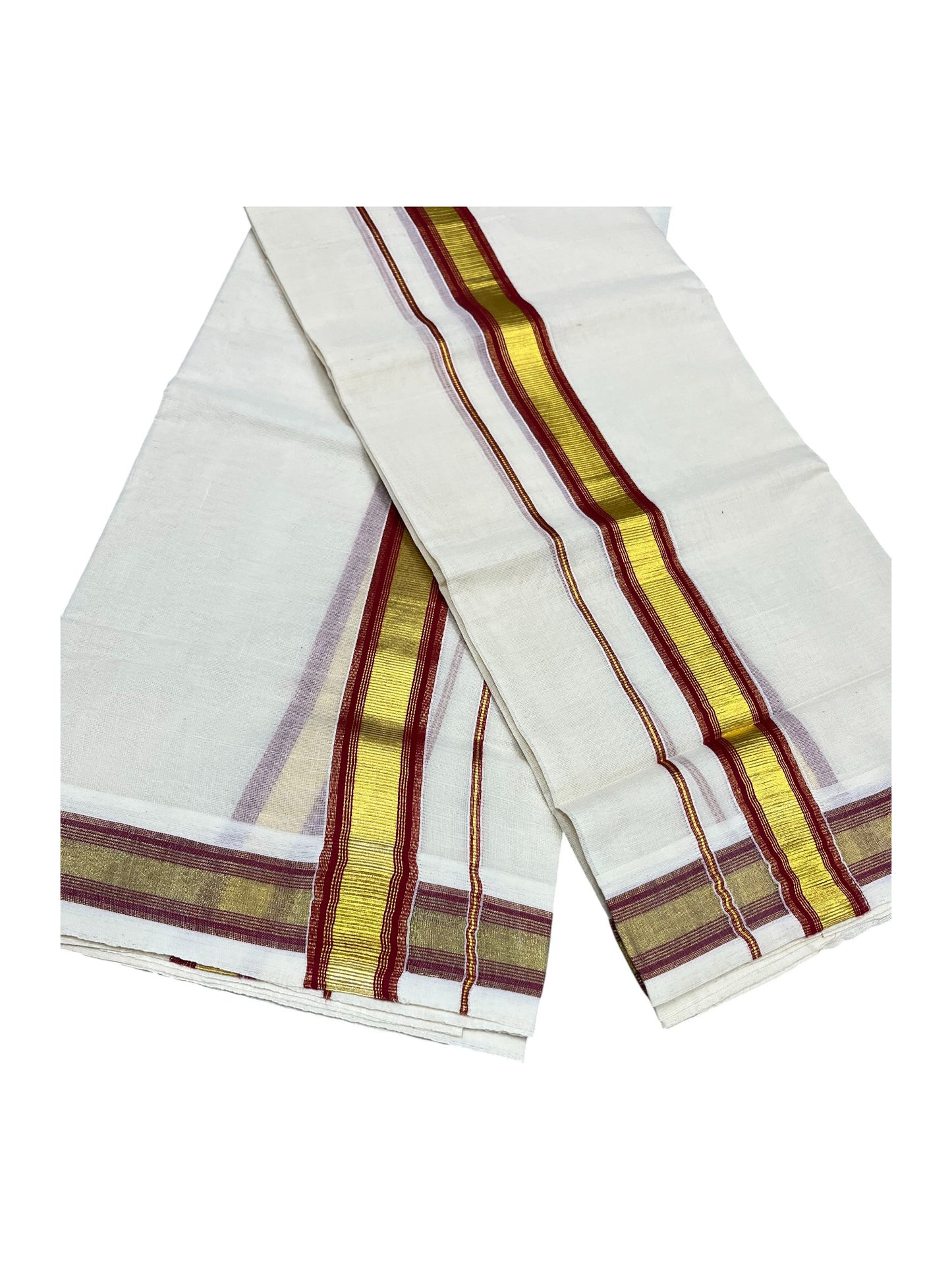 Kerala Cotton Set Mundu (Mundum Neriyathum) with Kasavu and Maroon Border 2.80 Mtrs