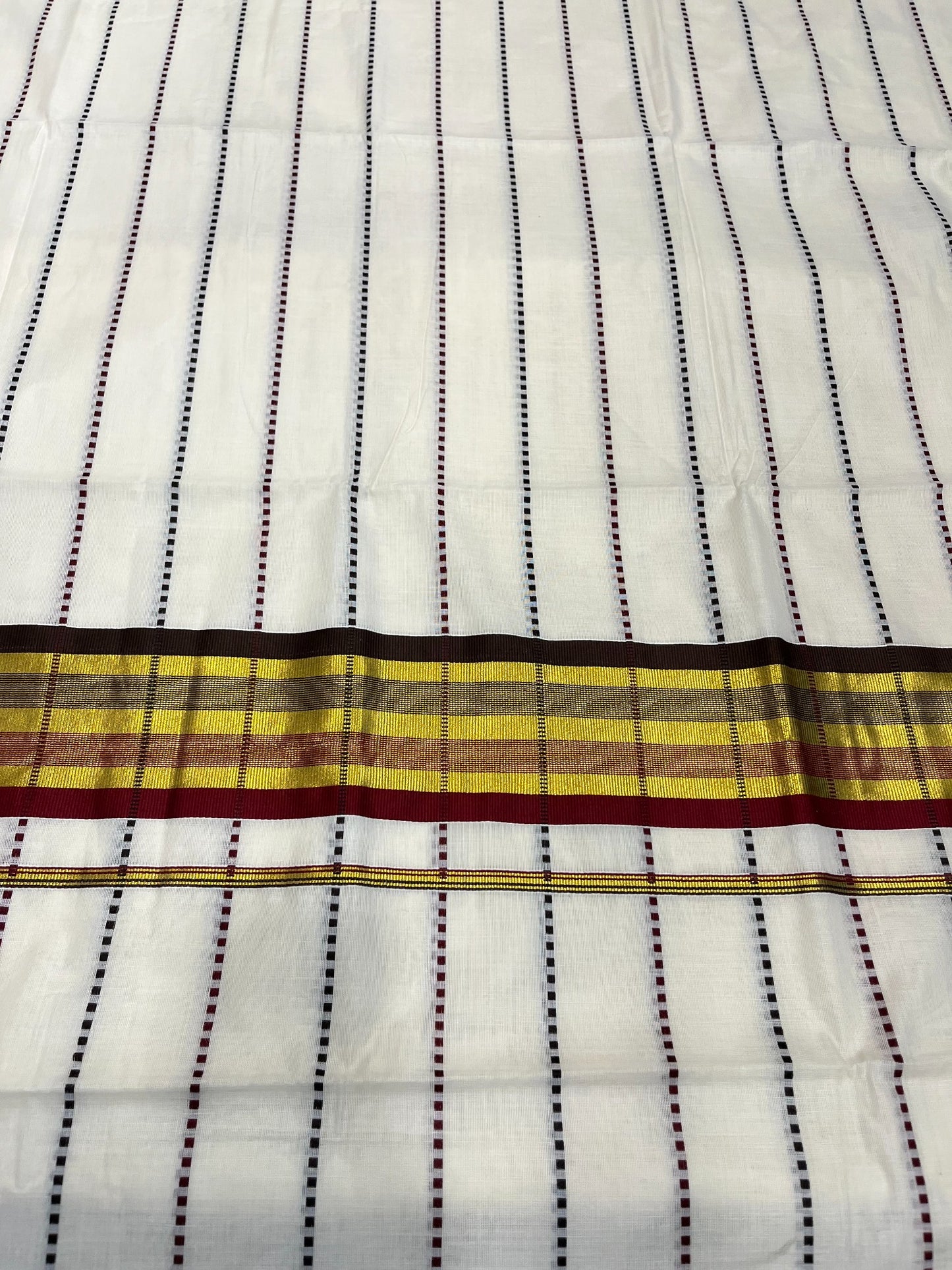 Southloom Cotton Kasavu Saree with Maroon and Brown Thread Work Across Body
