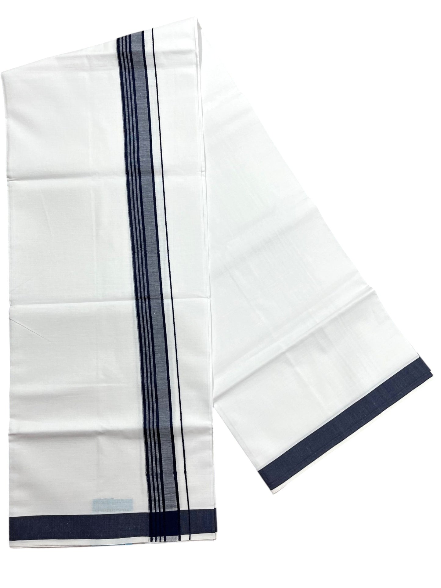 Southloom Pure White Cotton Mundu with Blue Lines Border (South Indian Kerala Dhoti)