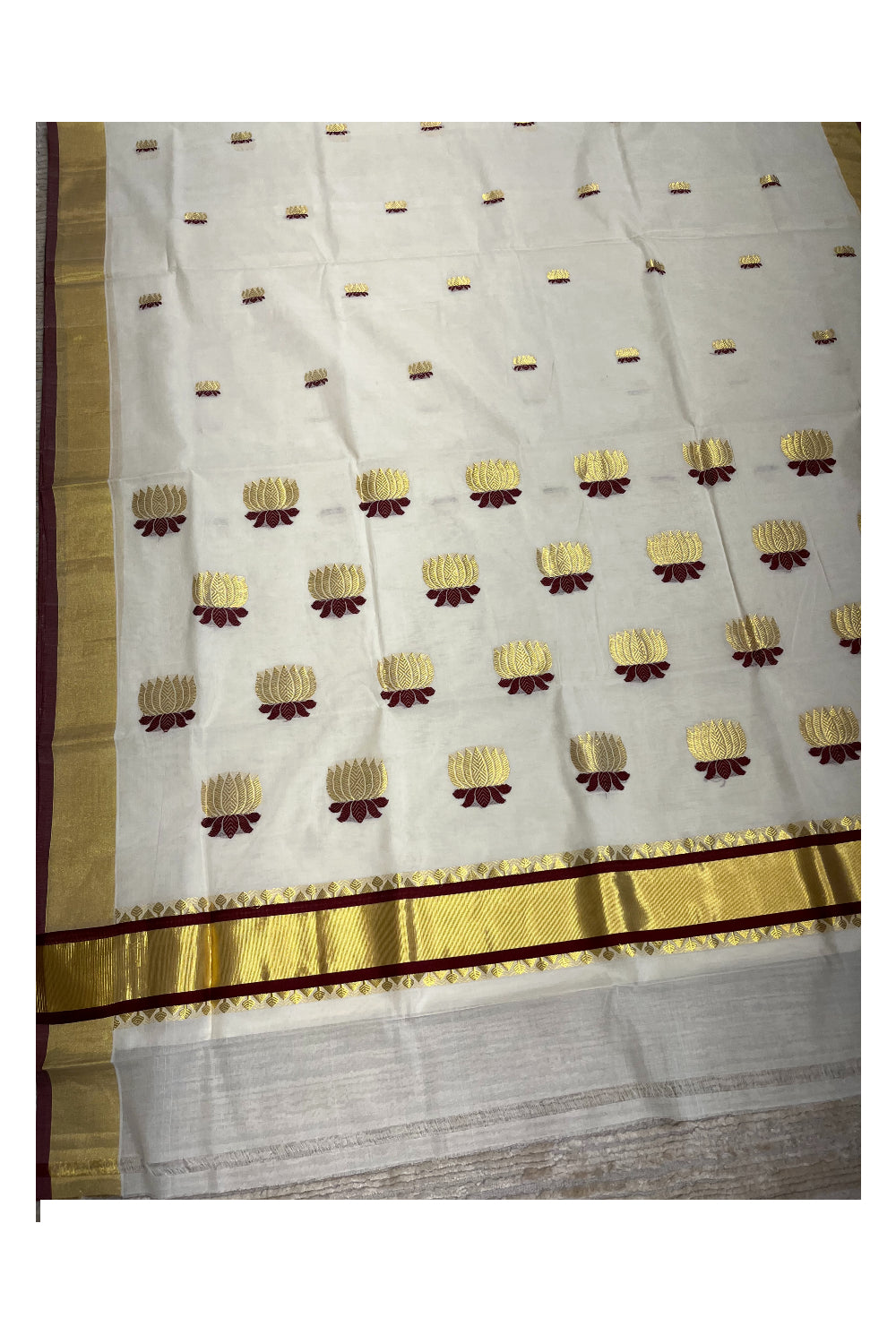 Southloom Premium Cotton Handloom Kerala Kasavu Saree with Woven Lotus Work