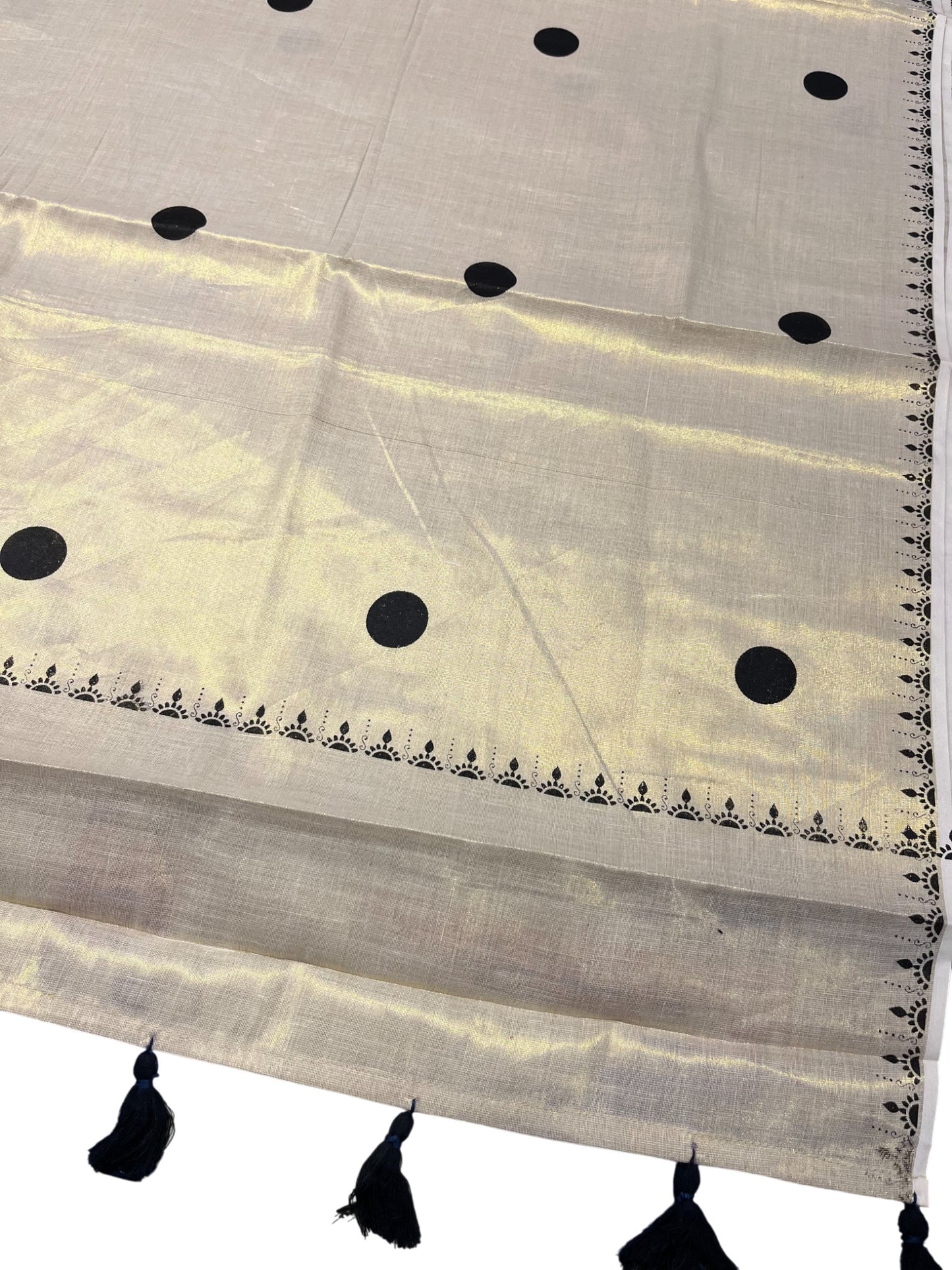 Southloom Kerala Tissue Kasavu Saree With Black Polka Dots on Body