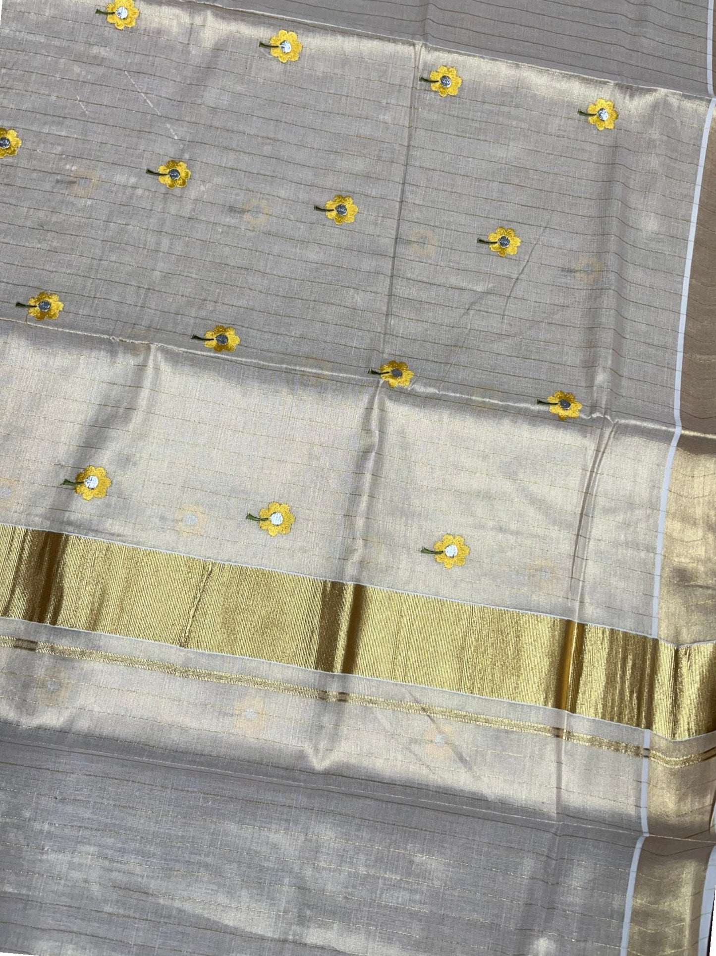 Southloom Kerala Tissue Kasavu Lines Saree with Yellow Floral Embroidery Work on Body