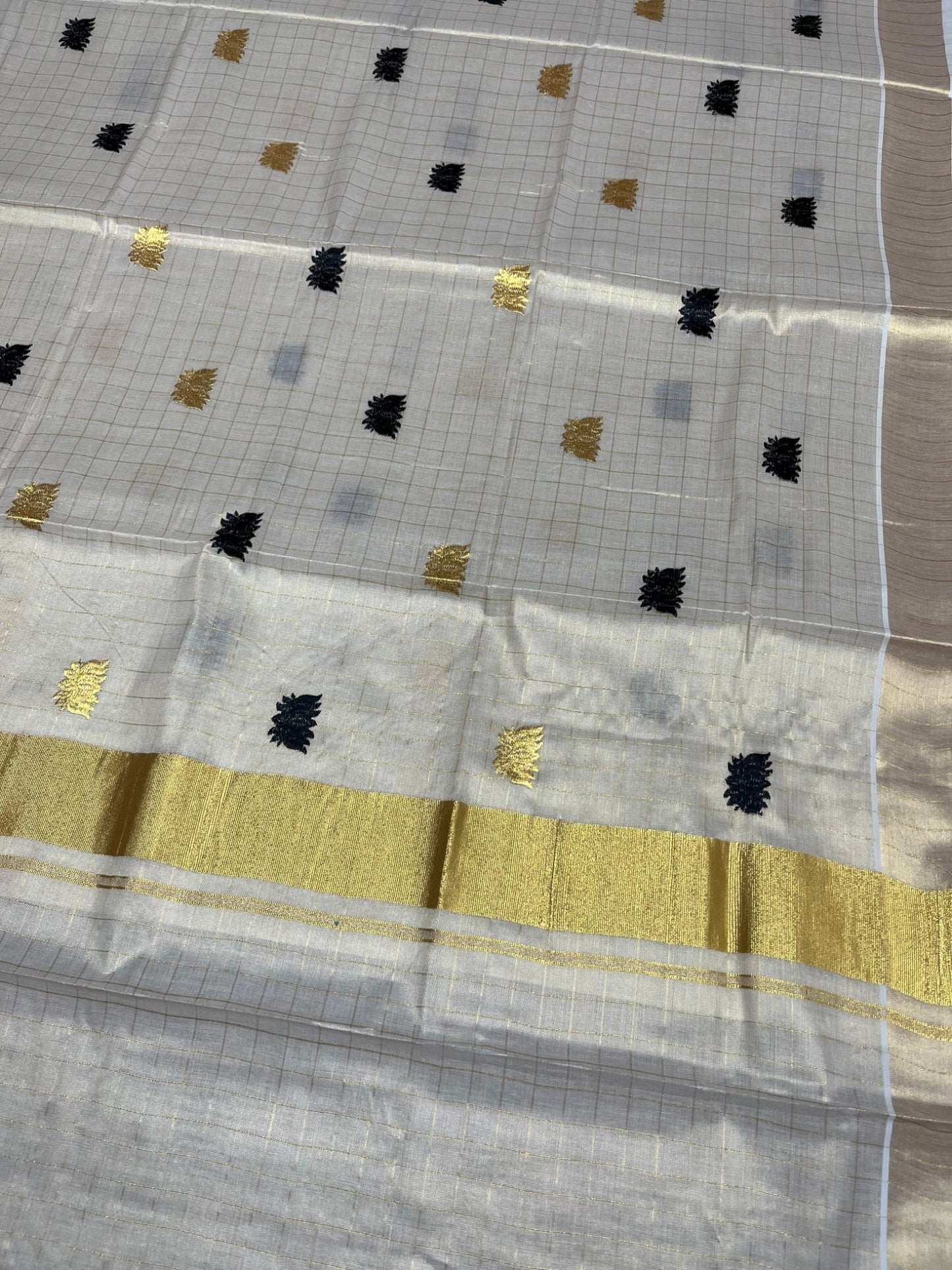 Southloom Kerala Tissue Kasavu Check Saree with Black Lotus Embroidery Works