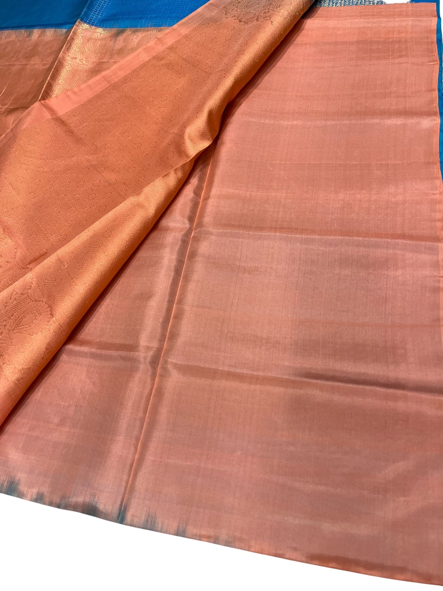 Southloom Pure Handloom Kanchipuram Silk Saree with Korvai Work (Peach & Blue)