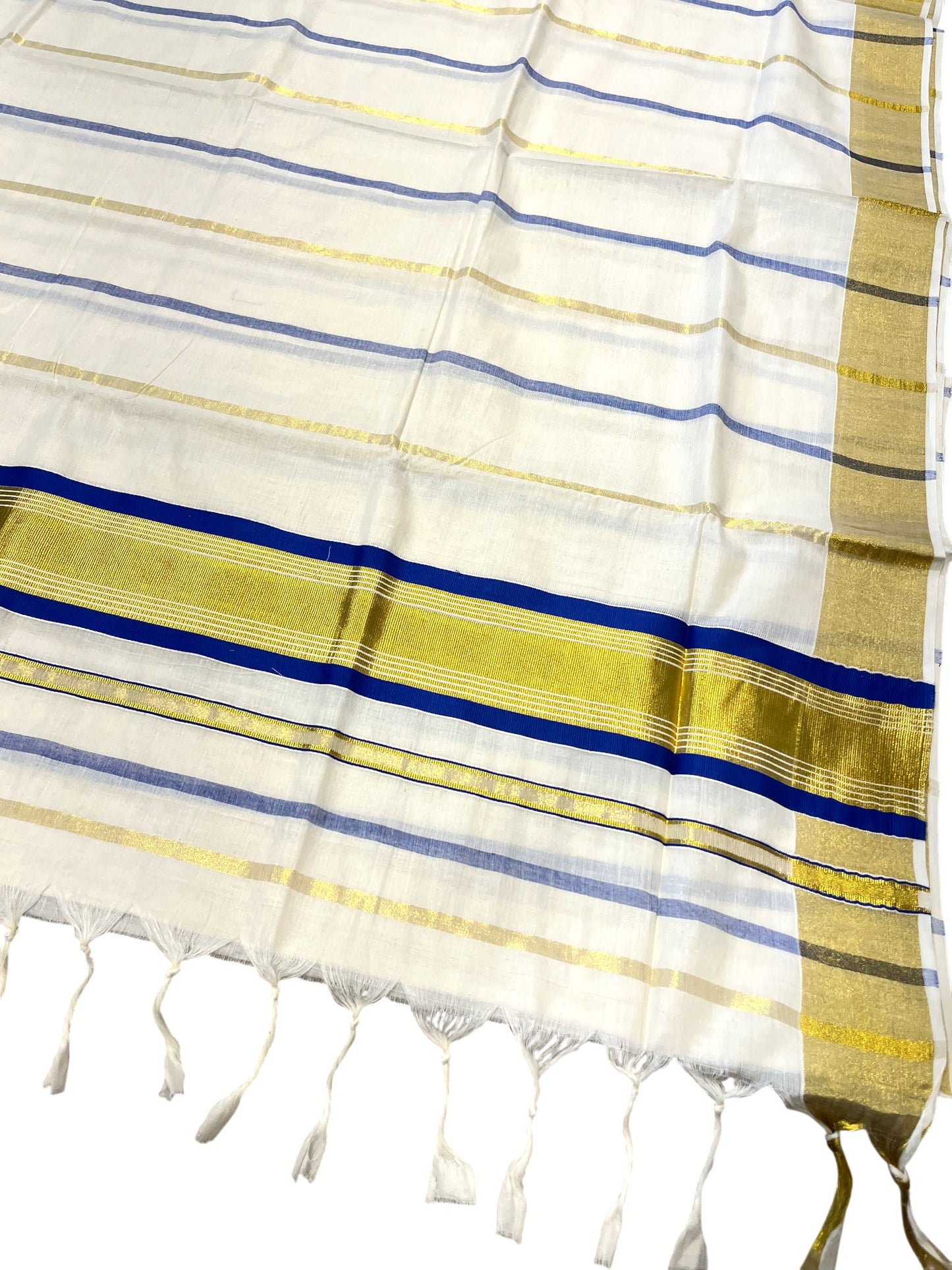 Southloom Kerala Cotton Kasavu Saree with Gold And Blue Lines on Body