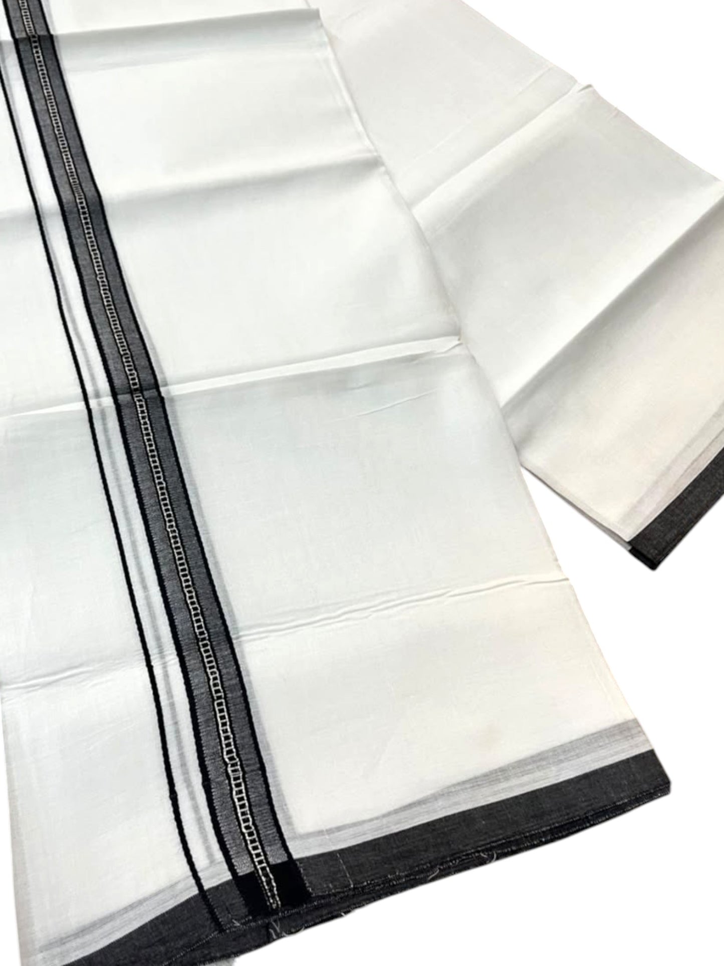 Southloom Pure White Cotton Mundu with Black & Silver Line Border (South Indian Kerala Dhoti)