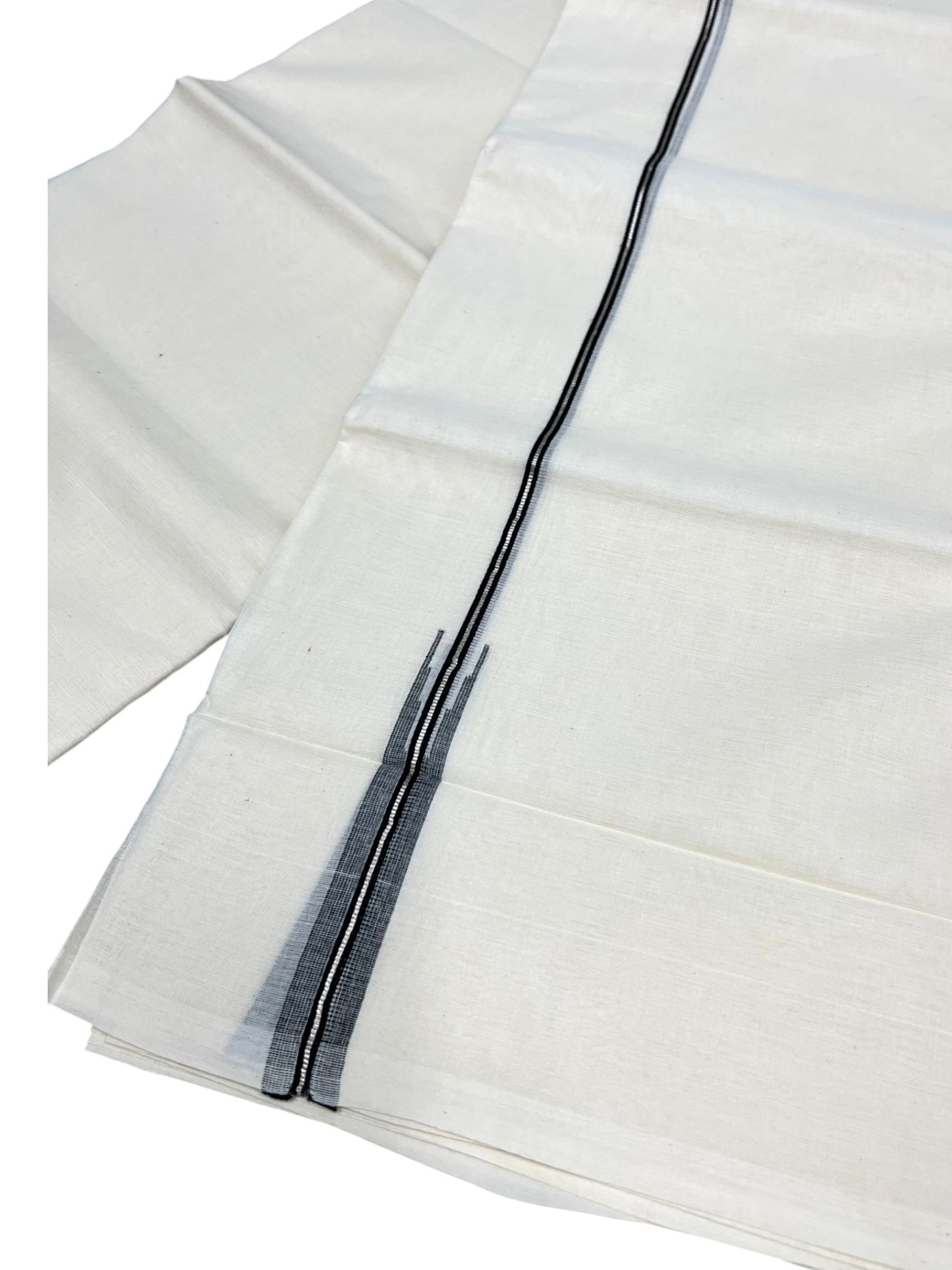 Kerala Pure Cotton Double Mundu with Black And Silver Chutti Kara (South Indian Kerala Dhoti)