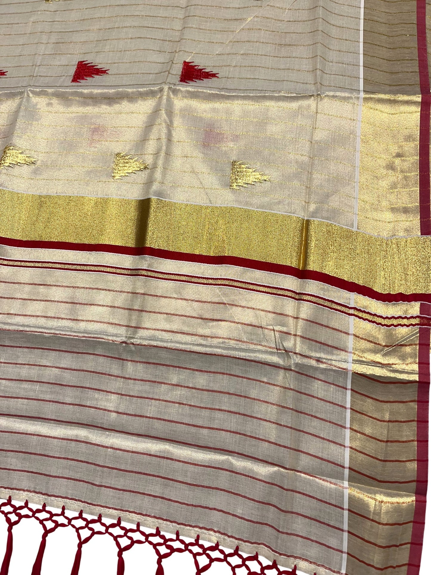 Kerala Tissue Kasavu Stripes Saree with Red and Gold Temple Embroidery Design on Body