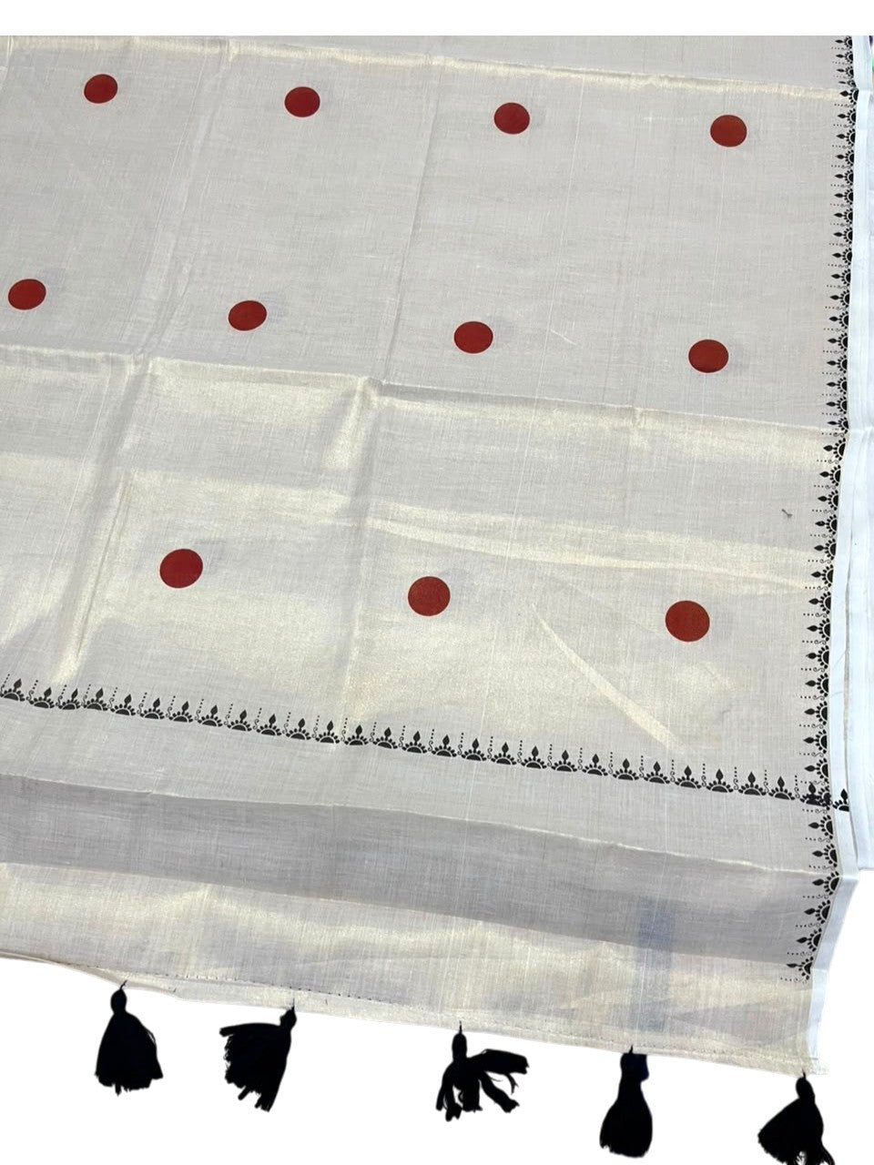Southloom Kerala Tissue Kasavu Plain Saree with Orange Polka Dots On Body SL537