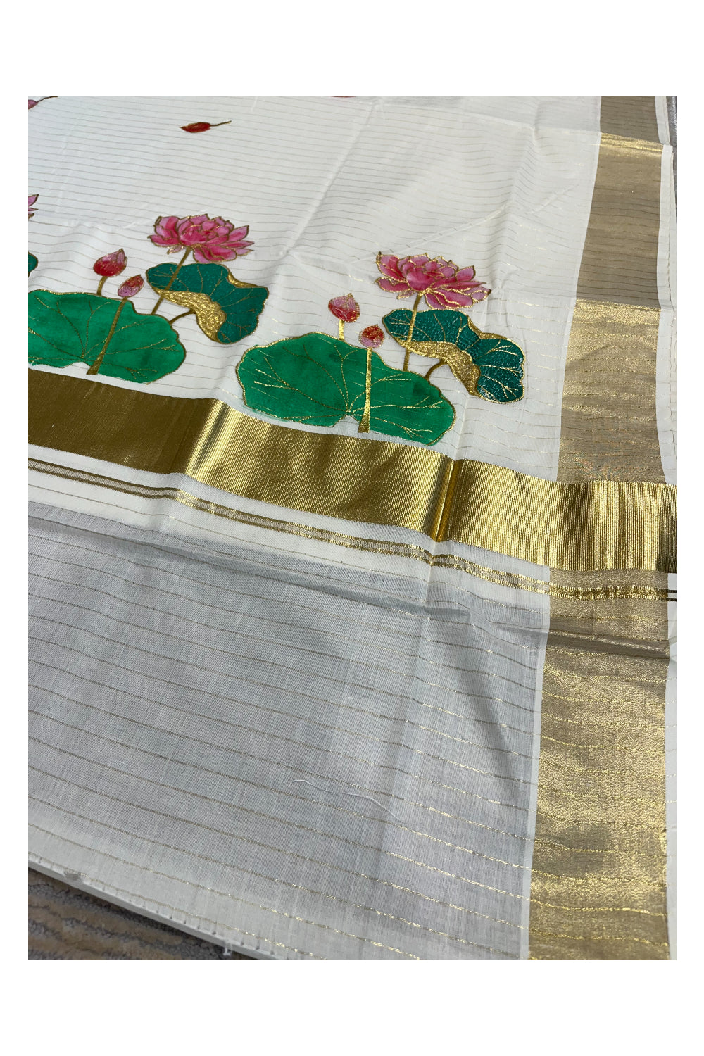 Southloom Cotton Kerala Kasavu Saree with Hand Painted Embroidery Lotus Design