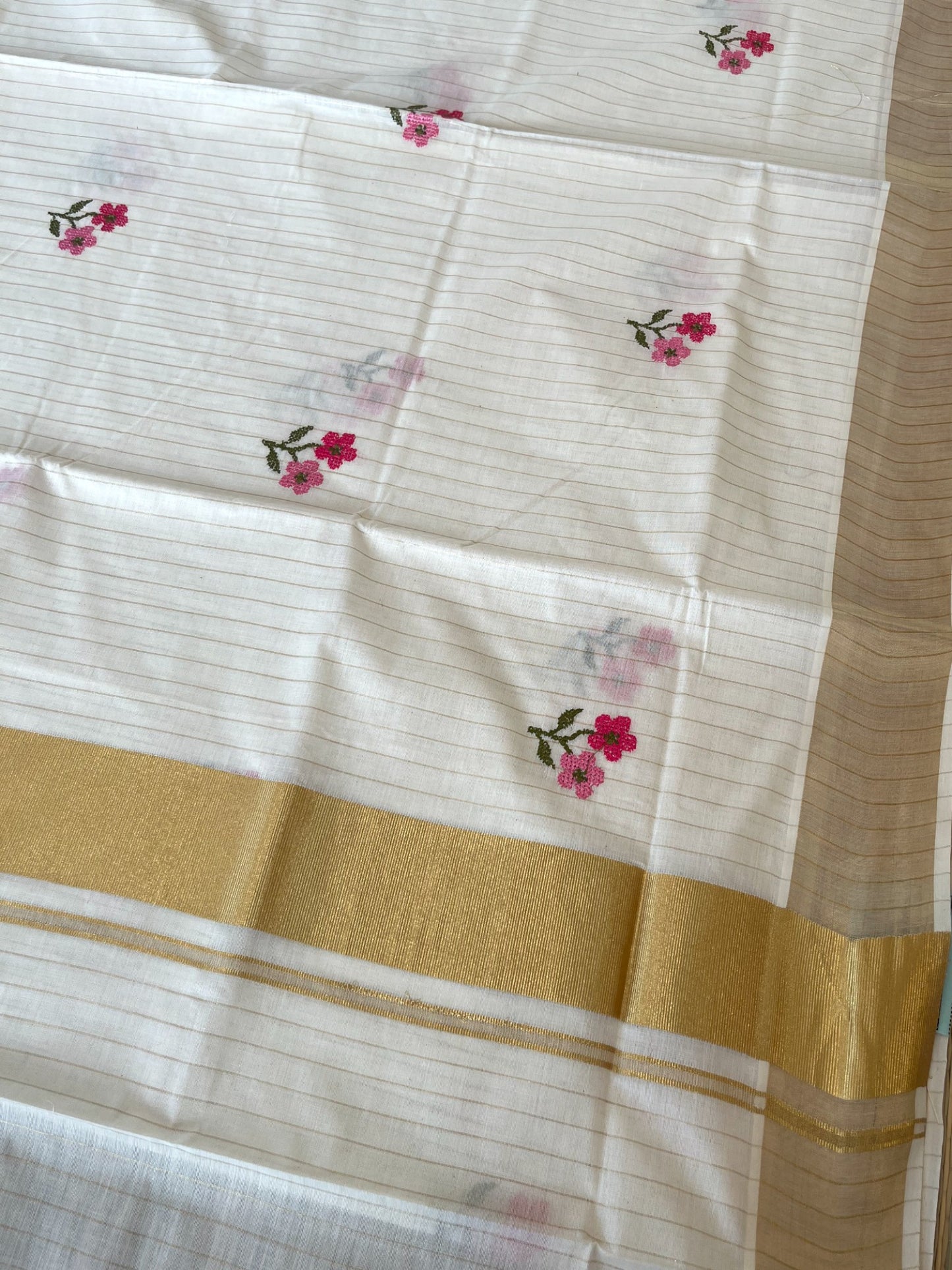 Southloom Kerala Cotton Kasavu Stripes Saree with Pink Floral Embroidery Work