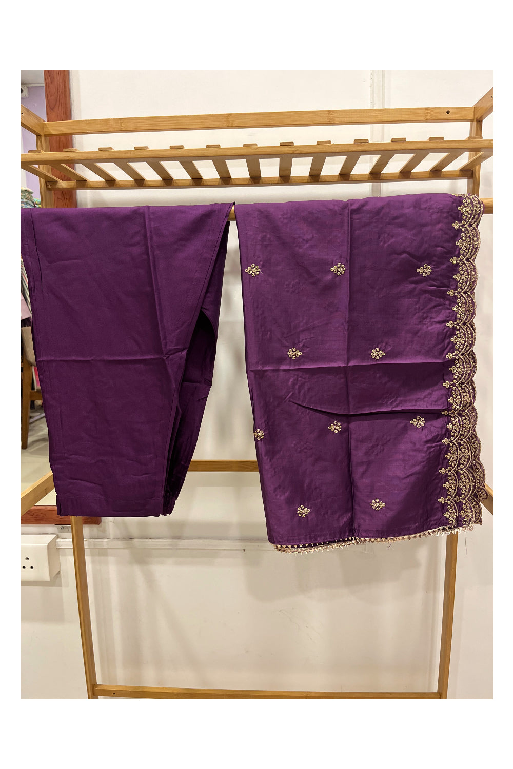 Southloom Stitched Semi Silk Salwar Set in Purple Green Printed and Sequins Designs