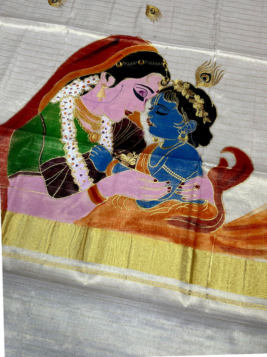 Southloom Tissue Kerala Kasavu Lines Saree with Hand Painted Embroidery Krishna & Yashodha Design