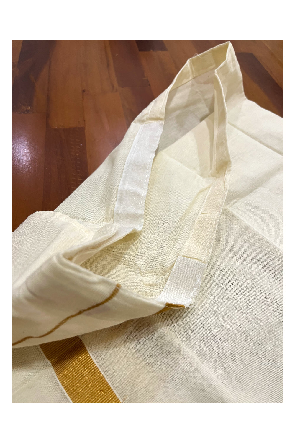Southloom Kid's Off White Pure Cotton Velcro Mundu with Kasavu Kara Age 11 - 15 (South Indian Kerala Dhoti)