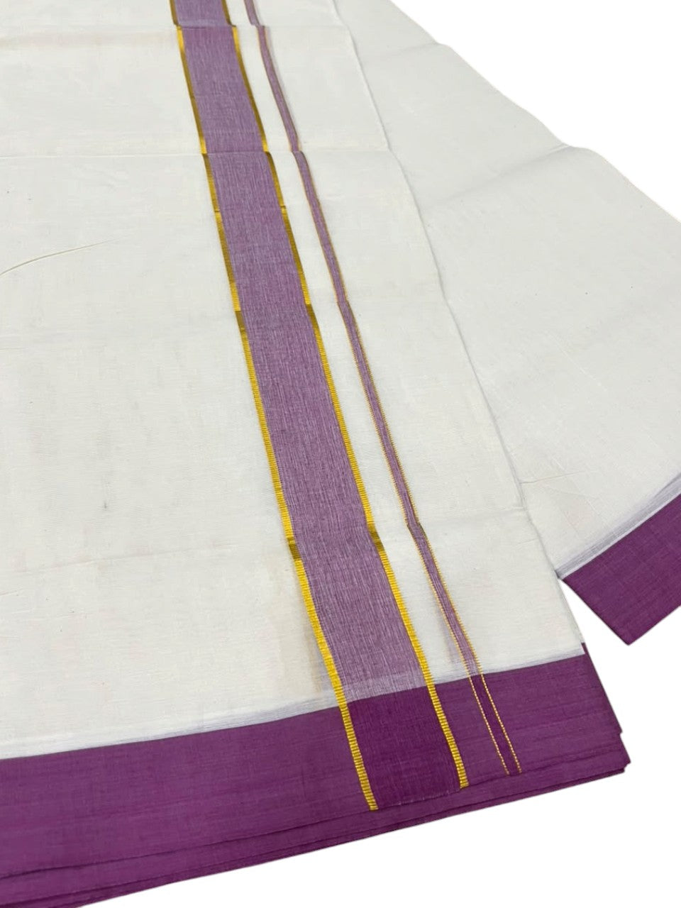 Southloom Pure Cotton Mundu with Siver Lines and Lavender Border (South Indian Kerala Dhoti)