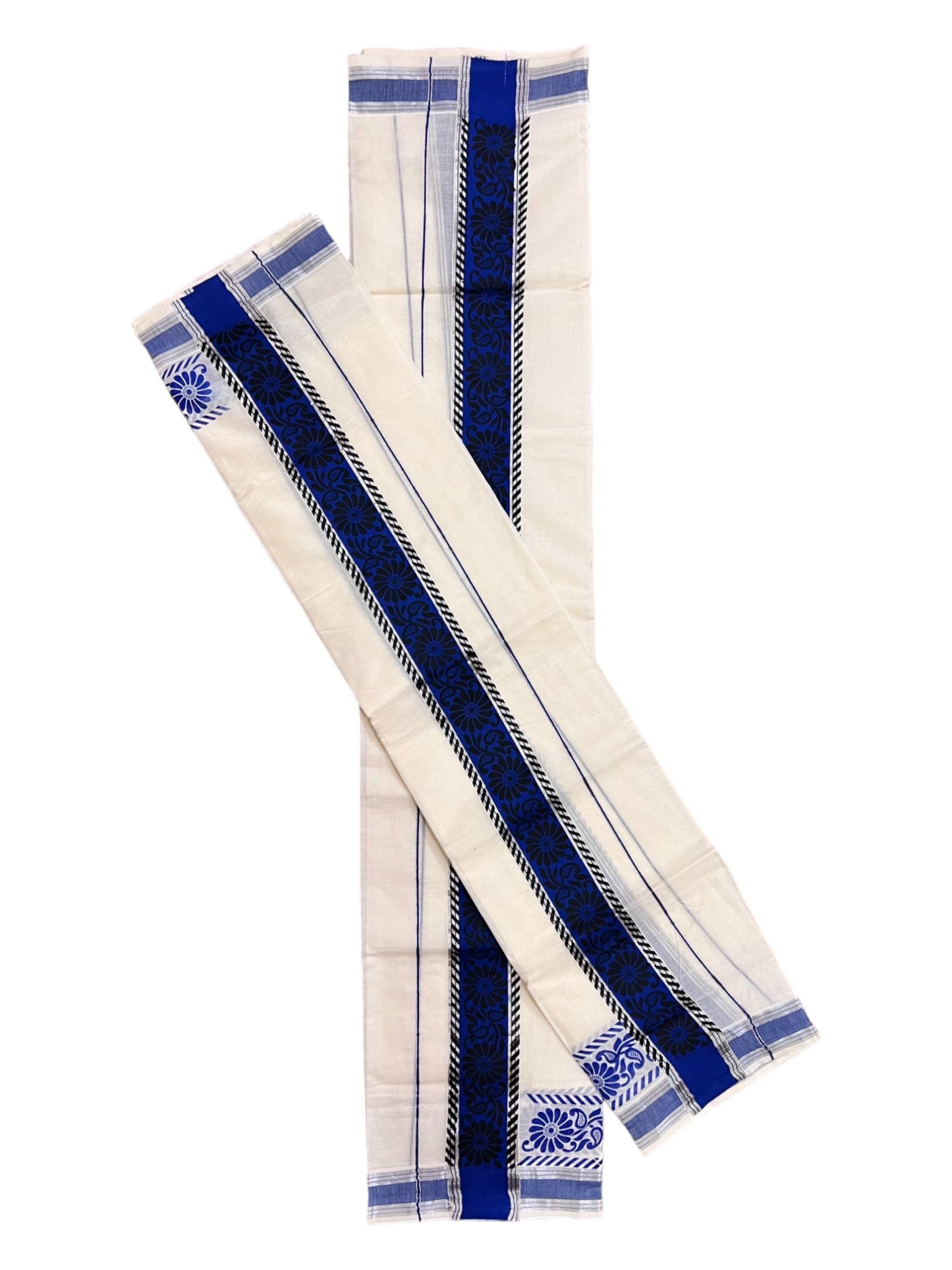 Kerala Pure Cotton Set Mundu Single (Mundum Neriyathum) with Black Block Prints on Blue Border and Silver Kasavu - 2.80Mtrs