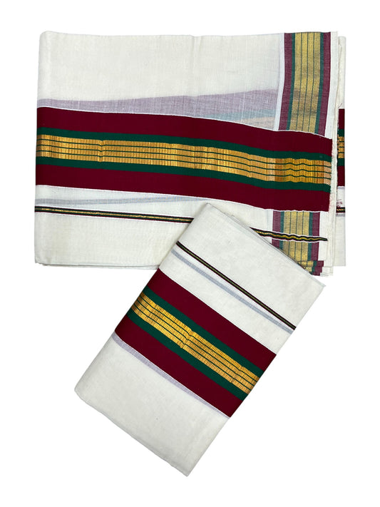 Kerala Cotton Single Set Mundu (Mundum Neriyathum) with Maroon And Green Kasavu Border in 2.80 Mtrs