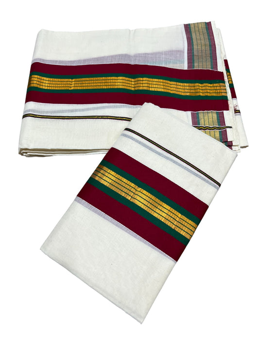 Kerala Cotton Single Set Mundu (Mundum Neriyathum) with Maroon And Green Kasavu Border
