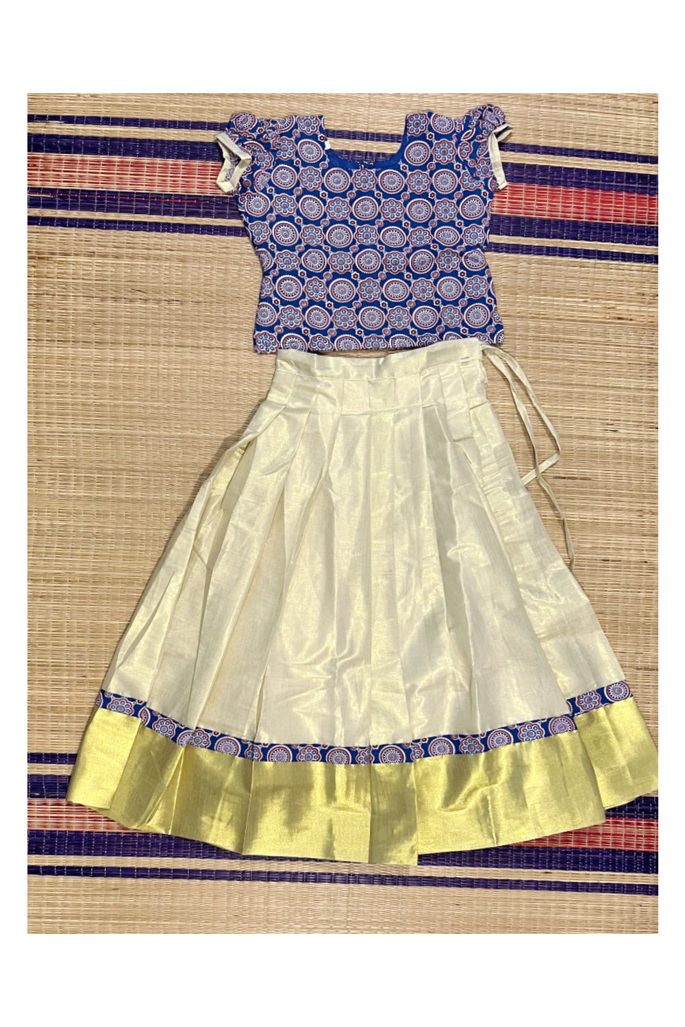 Southloom Kerala Blue Ajrakh Top and Tissue Pavada with Kasavu Printed Border