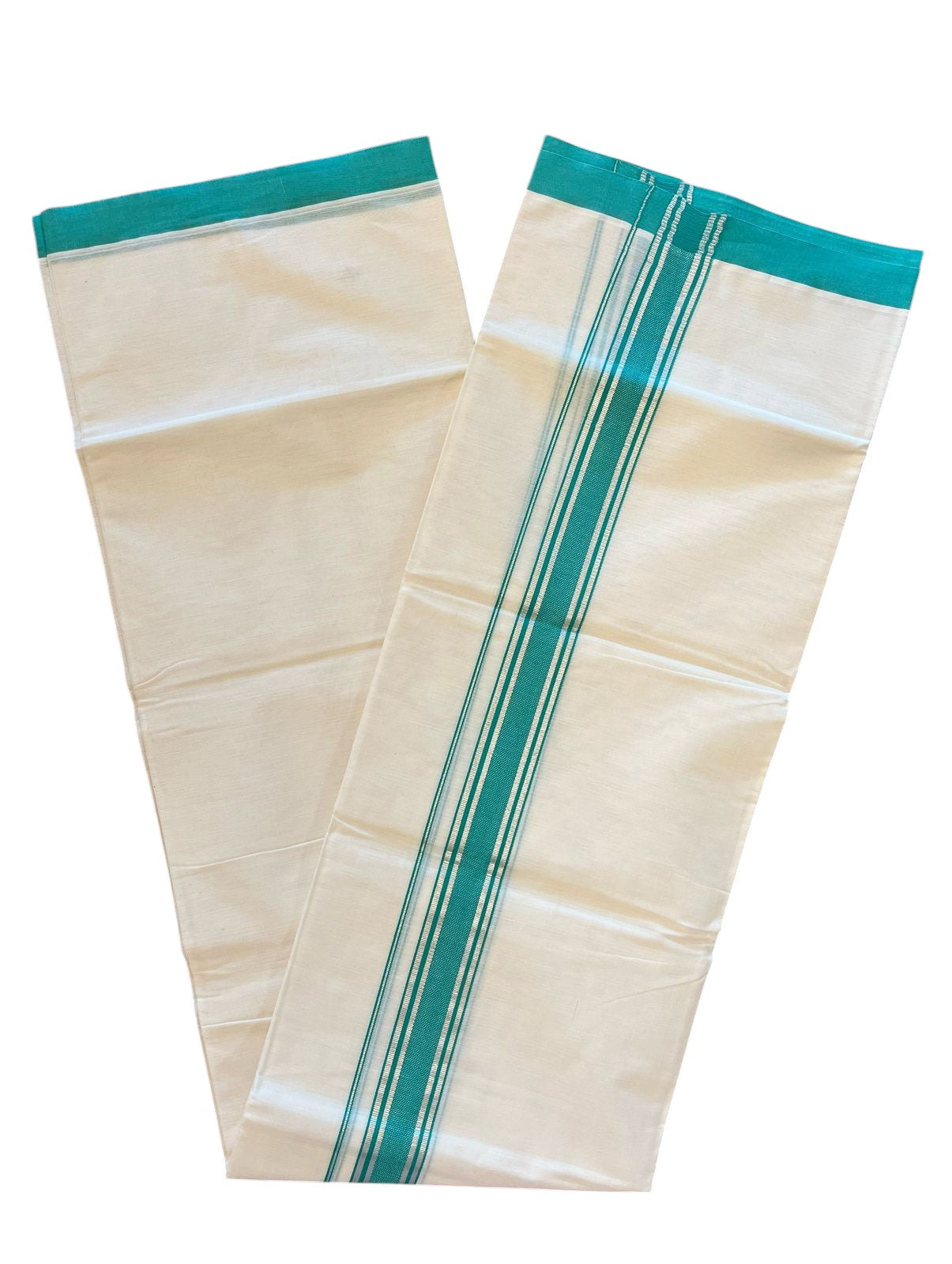 Pure Cotton Kerala Double Mundu with Silver Kara and Turquoise Border (South Indian Kerala Dhoti)