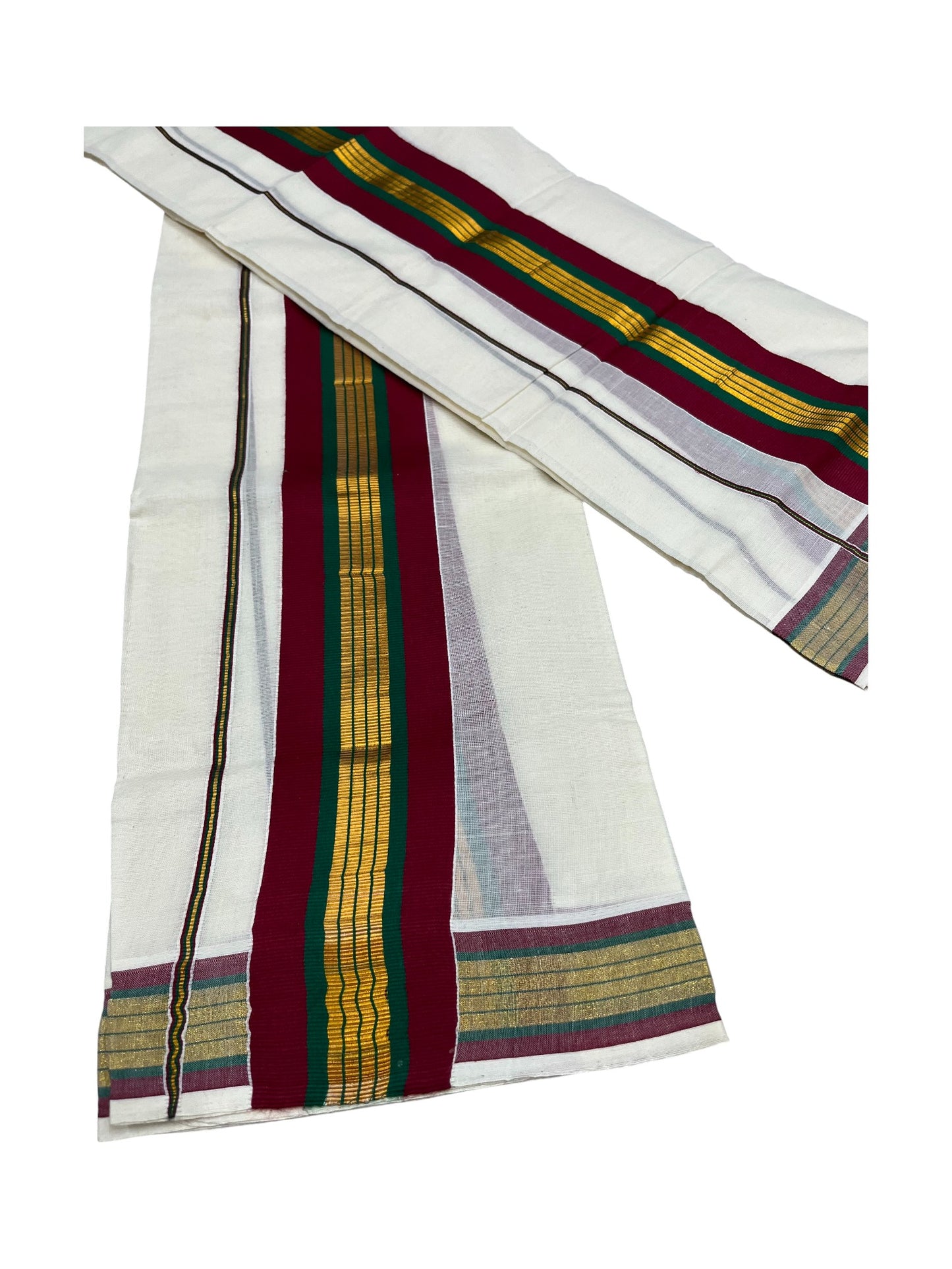 Kerala Cotton Single Set Mundu (Mundum Neriyathum) with Maroon And Green Kasavu Border in 2.80 Mtrs