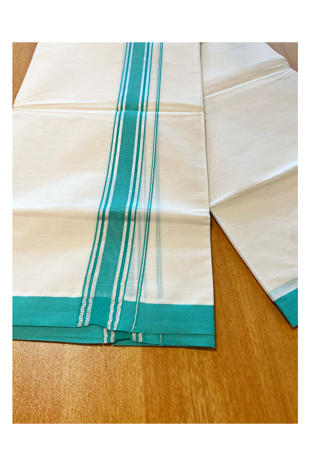 Pure Cotton Kerala Double Mundu with Silver Kara and Turquoise Border (South Indian Kerala Dhoti)