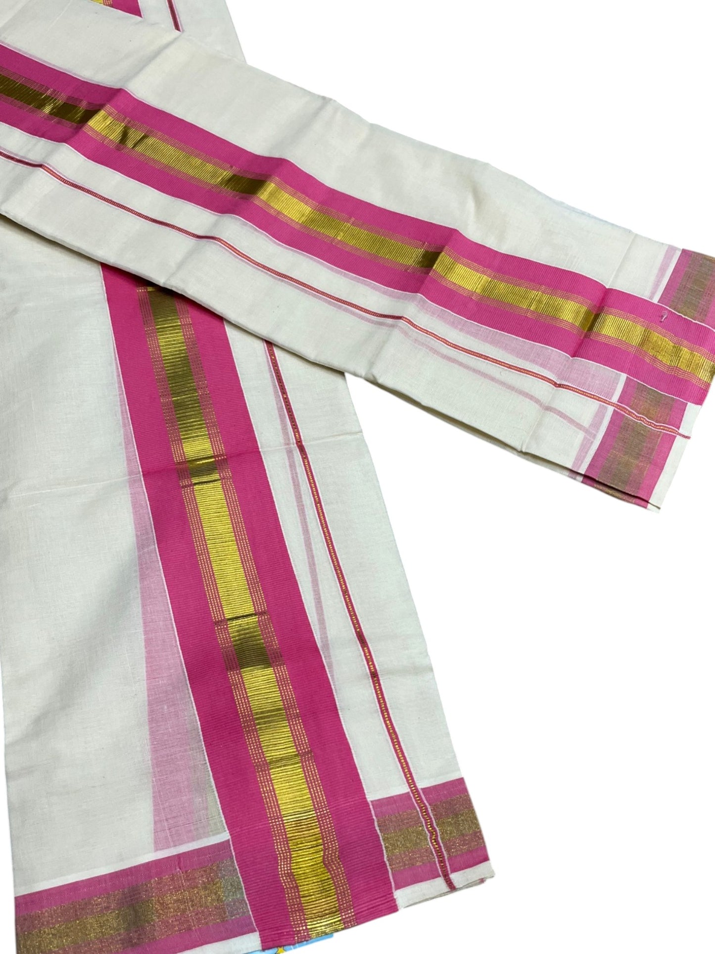 Kerala Cotton Set Mundu (Mundum Neriyathum) with Kasavu and pink Border in 2.80 Mtrs SLKK SL470