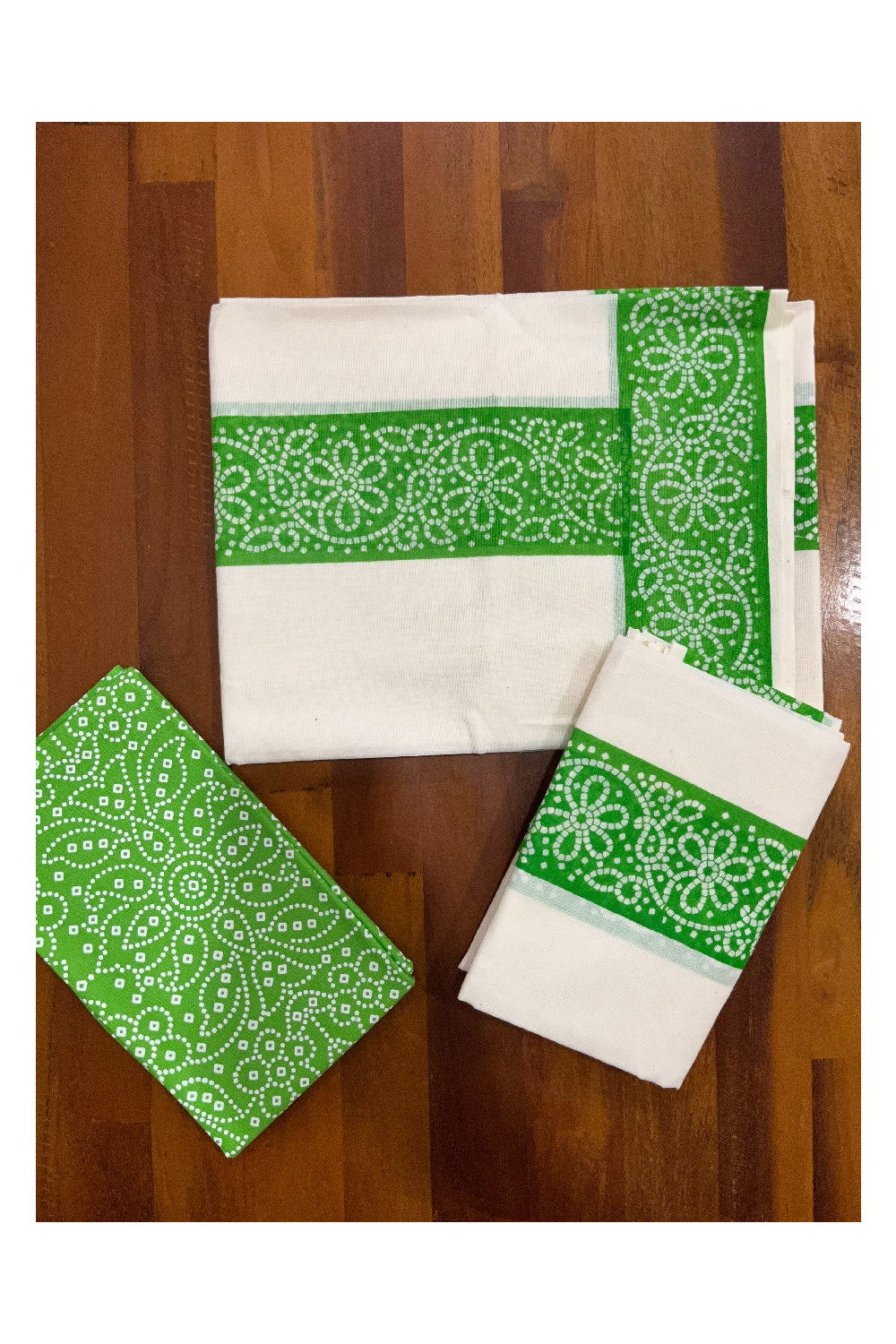 Kerala Cotton Set Mundu (Mundum Neriyathum) with Light Green Block Pri