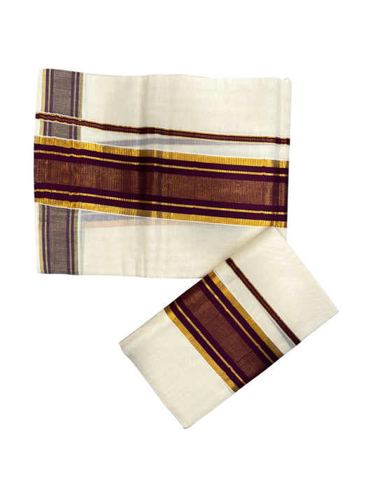 Southloom Kerala Cotton Set Mundu (Mundum Neriyathum) with Kasavu and Purple Border 2.80 Mtrs