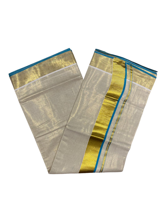 Southloom Kerala Tissue Kasavu Plain Saree With Turquoise Border