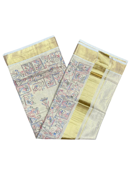 Southloom Tissue Kerala Kasavu Lines Saree with Kantha Embroidery Work on Body SL322