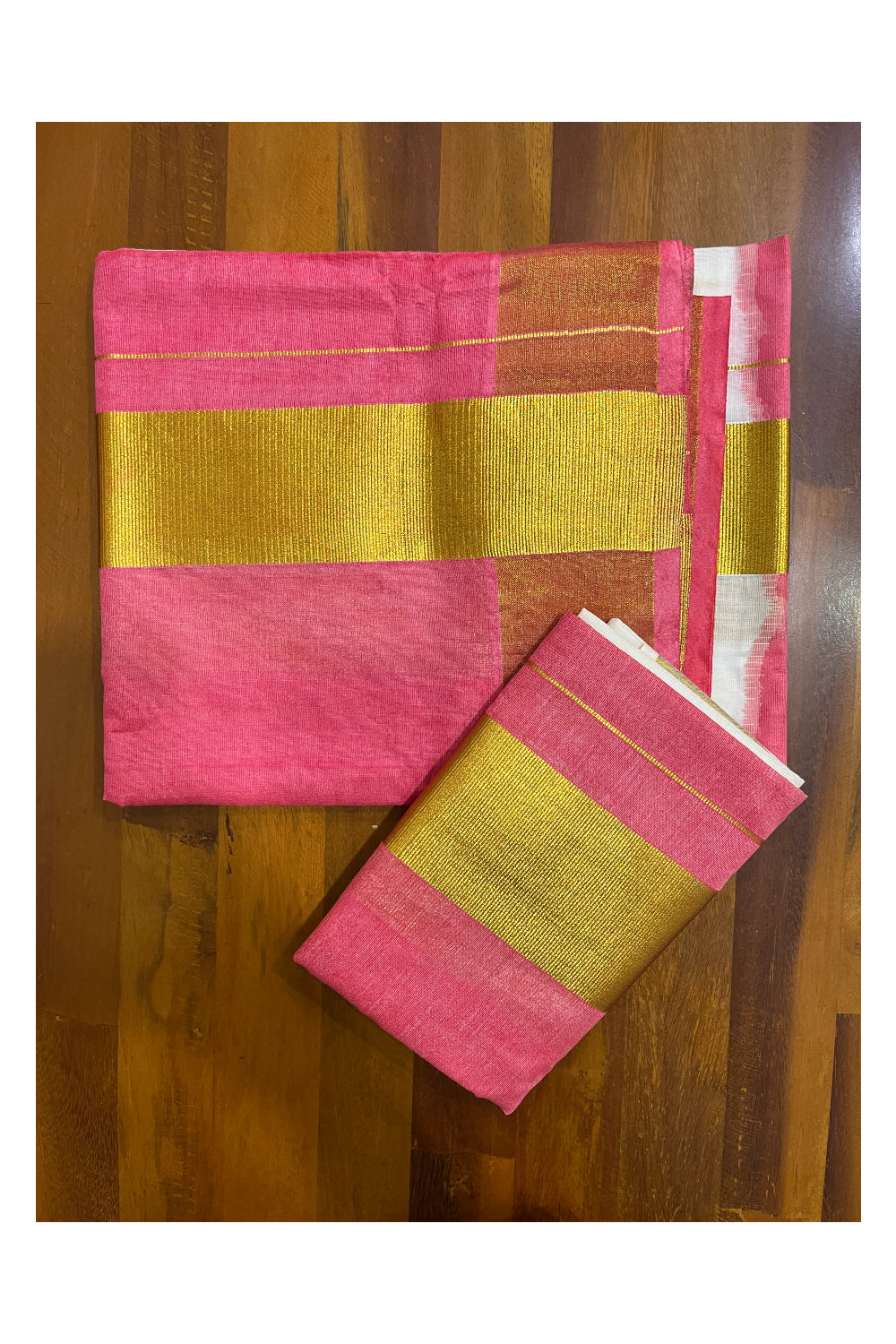 Southloom Tie & Dye - Half & Half Multi Colour Reddish Pink Design Set Mundu (Mundum Neriyathum) with Super Soft Cotton