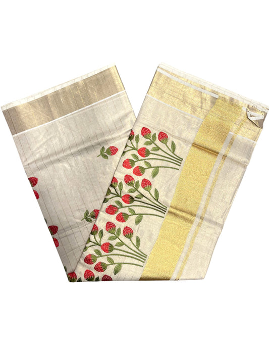 Southloom Tissue Kerala Kasavu Saree with Floral Embroidery Design