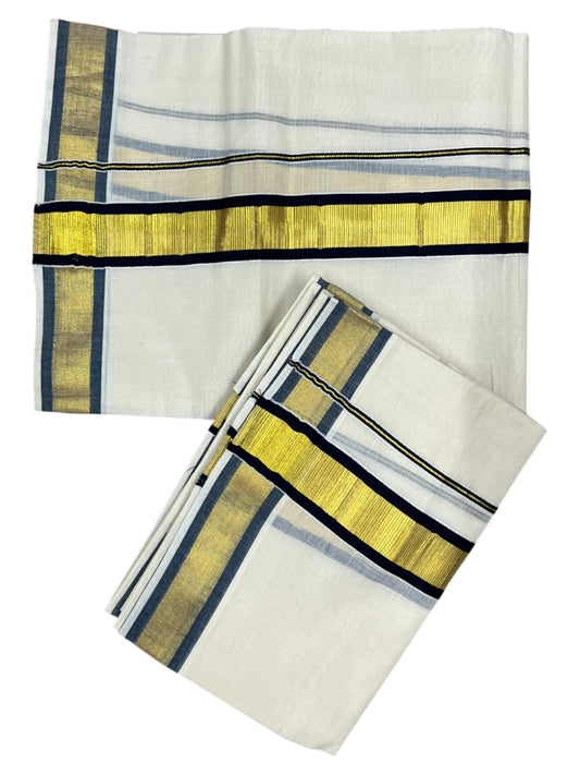 Kerala Cotton Set Mundu (Mundum Neriyathum) with Kasavu and Blue Border 2.80 Mtrs SL244