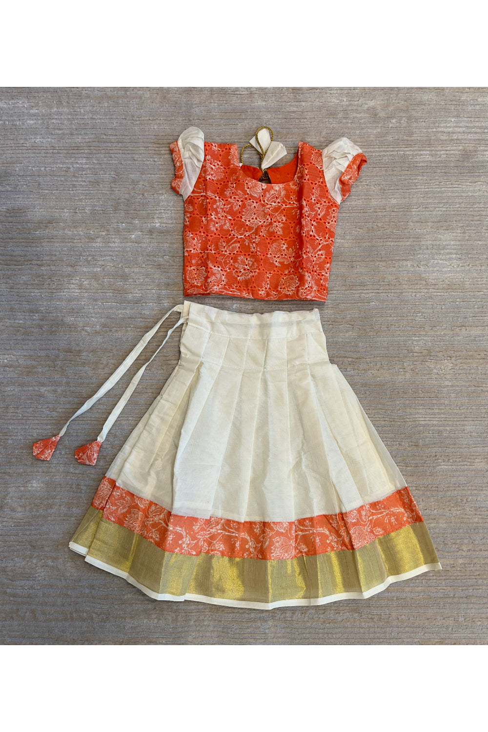 Southloom Kerala Orange Pavada Blouse with Bead Work for Kids (Age 1 - 10)