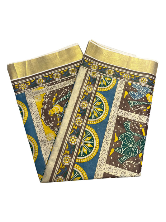 Southloom Kerala Tissue Kasavu Saree with Brown and Blue Hand Printed