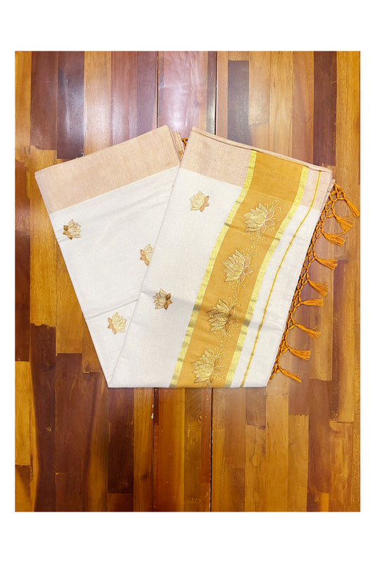 Southloom Kerala Tissue Kasavu Saree with Saffron And Golden Lotus Embroidary Designs on Body SL273
