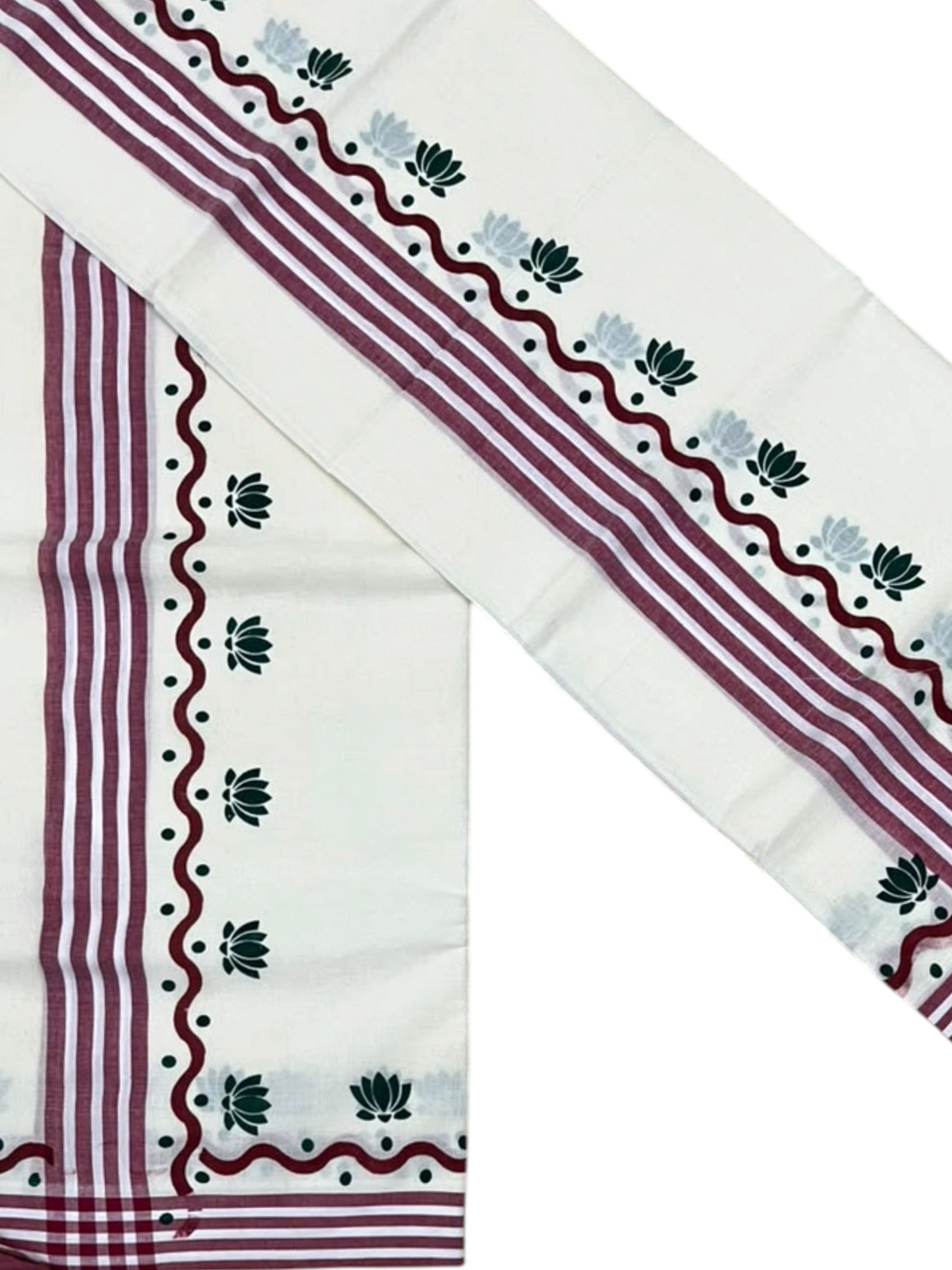 Southloom Pure Cotton Kerala Single Mulloth Set Mundu With Lotus Digital Print in Maroon and Green Border (Mundum Neriyathum) in 2.75 Mtrs SL371