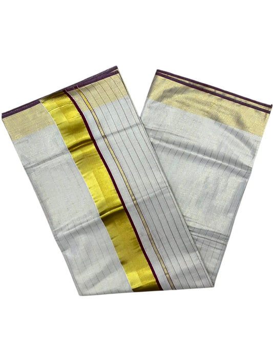 Southloom Kerala Tissue Kasavu Saree with Stripes on Body In Maroon Border