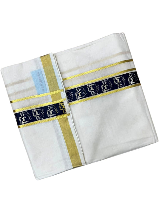 Southloom Pure Cotton Double Mundu with Blue Block Printed And Ksavu Border (South Indian Kerala Dhoti)SL597