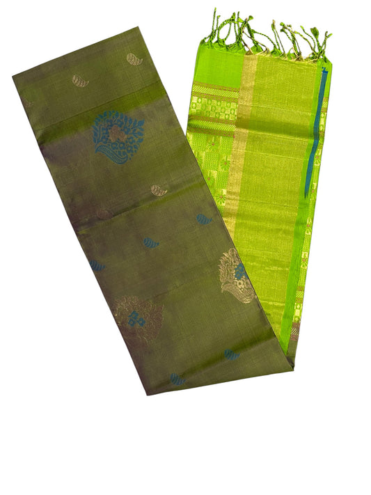 Southloom Pure Handloom Kanchipuram Silk Saree with Korvai Zari Work (Green & Grey)