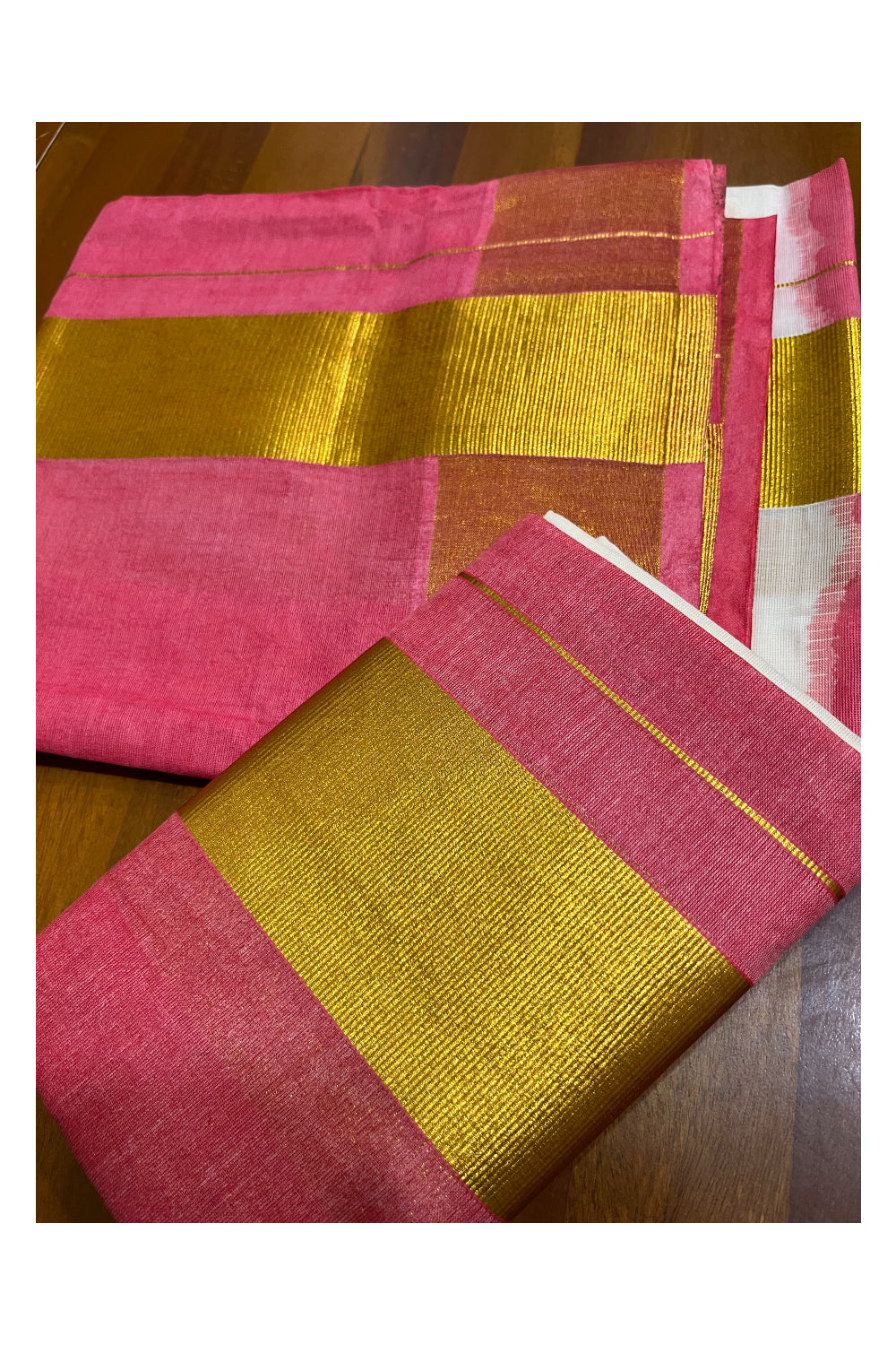 Southloom Tie & Dye - Half & Half Multi Colour Reddish Pink Design Set Mundu (Mundum Neriyathum) with Super Soft Cotton