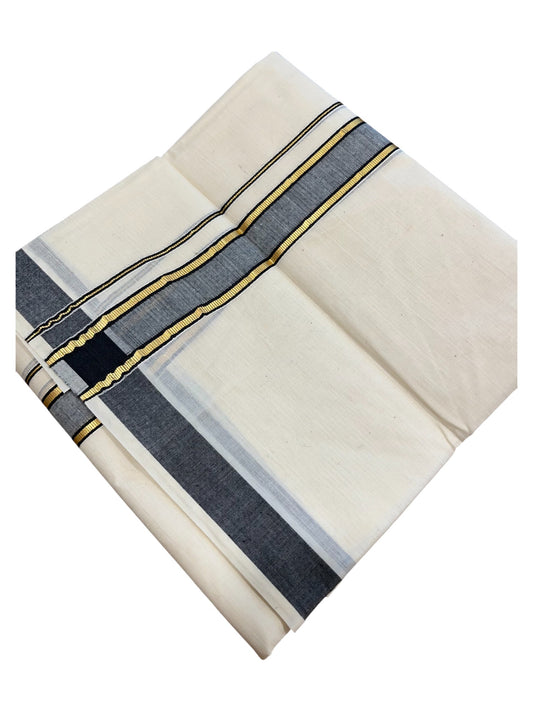 Southloom Pure Cotton Double Mundu With Gold Kasavu &Gray Border (South Indian Kerala Dhoti)