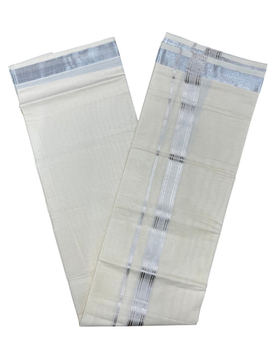 Southloom Pure Cotton Double Mundu with Silver Lines and Silver Border (South Indian Kerala Dhoti)