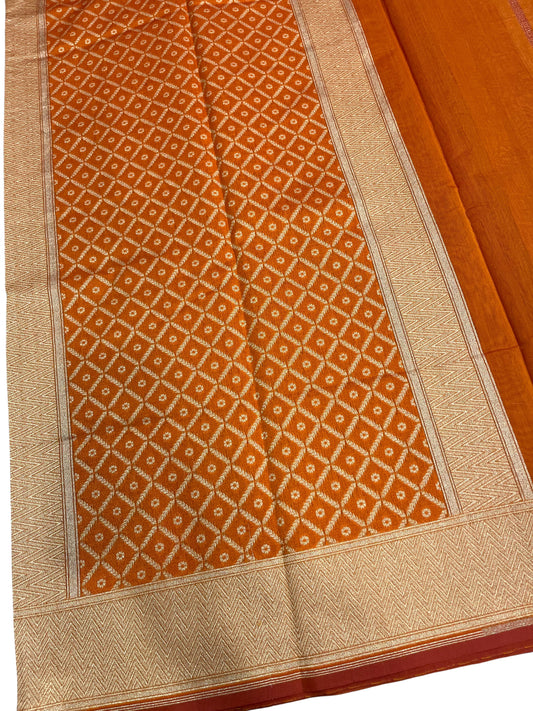 Southloom Cotton Banarasi Silk Saree with Woven Work on Body and Borders (Orange & Yellow)