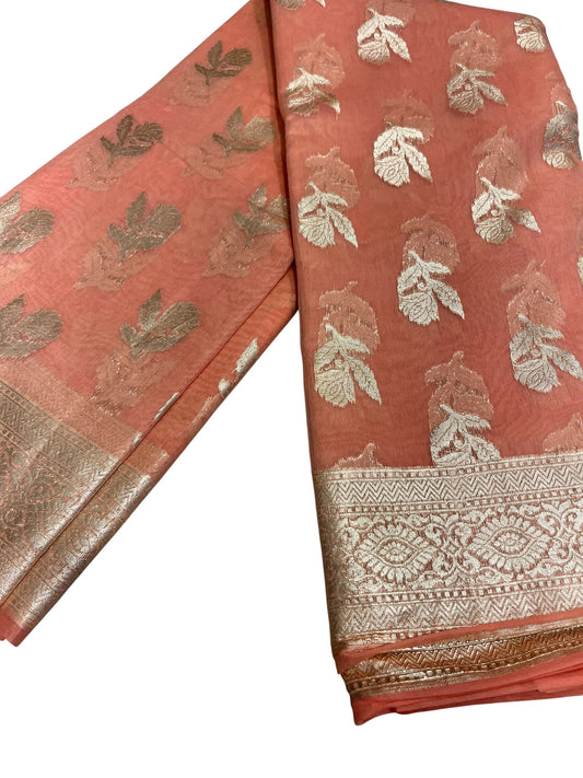 Southloom Cotton Banarasi Silk Saree with Woven Work on Body and Borders (Peach)