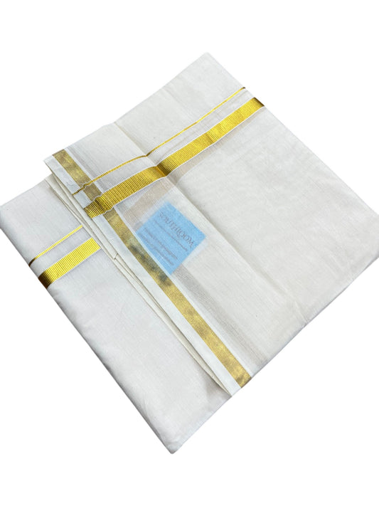 Southloom Kerala Pure Cotton Double Mundu with Gold Kasavu Border (South Indian Dhoti)