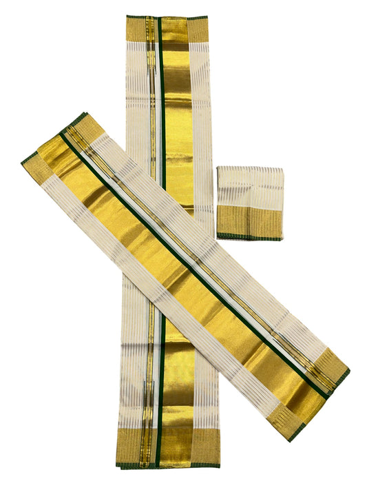 Southloom Premium Handloom Cotton Set Mundu with Kasavu and Green Border (2.80 Mtr)