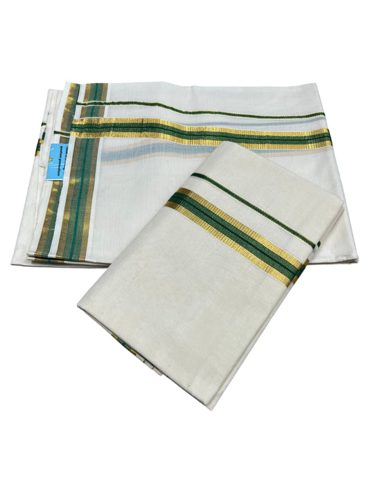 Southloom Pure Cotton Kerala Single Set Mundu (Mundum Neriyathum) with Green and Kasavu Border 2.80 Mtrs SLKK SL523